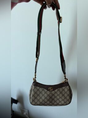 Gucci Beige-Brown GG Canvas Shoulder Bag with Green-Red Web Strap